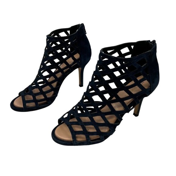 Sole Society Leather Open Toe Caged Heels Navy Size 7 Zip - Picture 1 of 9